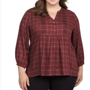 Wrangler Blouse Top Sz XXL Babydoll Burgundy Rust Plaid 3/4 Sleeve Viscose